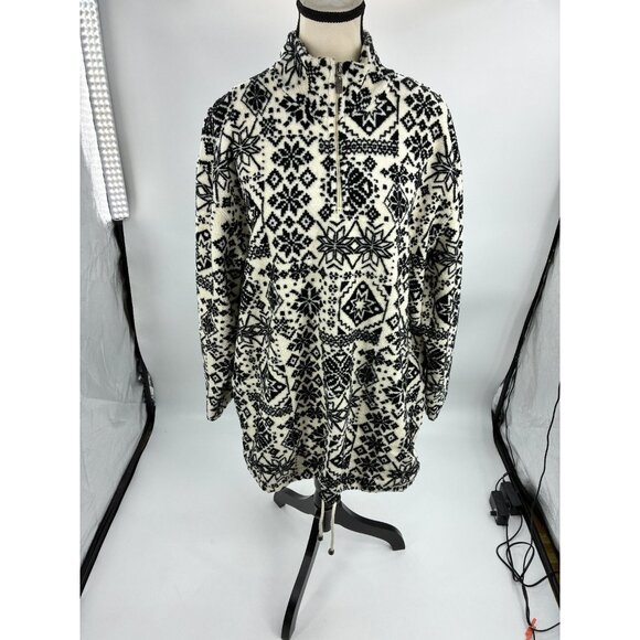Liz Claiborne Womens L Black & White Fleece 1/4 Zip Pullover Snowflake Print - Picture 1 of 6